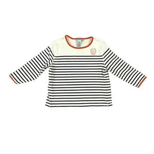Sag Harbor Sport Striped Shirt Petite Medium 3/4 Sleeves Orange Trim Women's